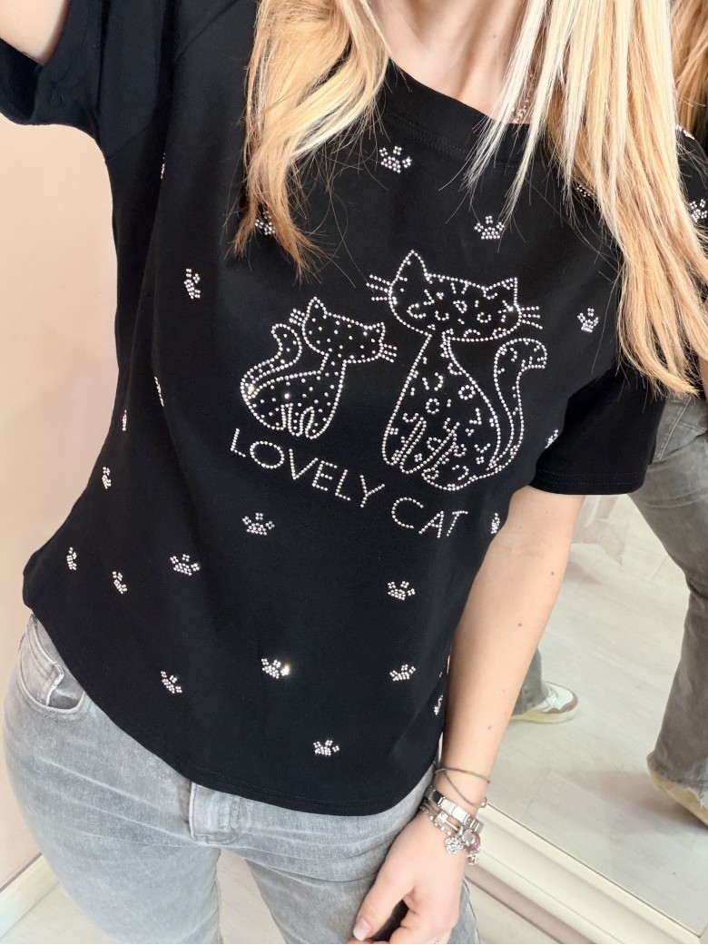 Maglia t shirt lovely cat strass nera