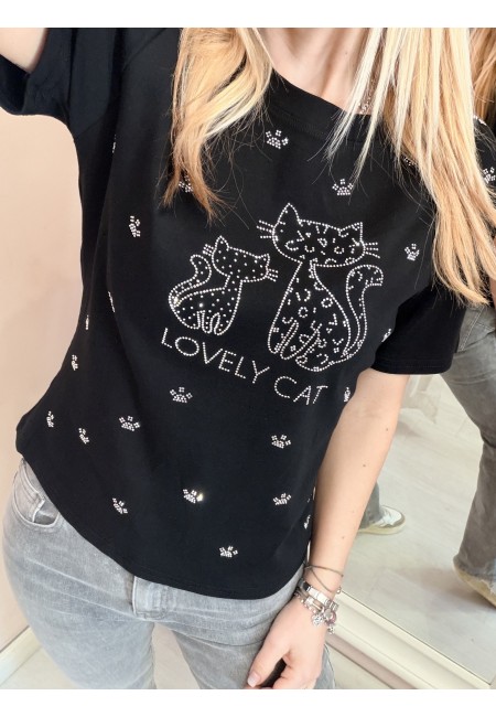 Maglia t shirt lovely cat strass nera