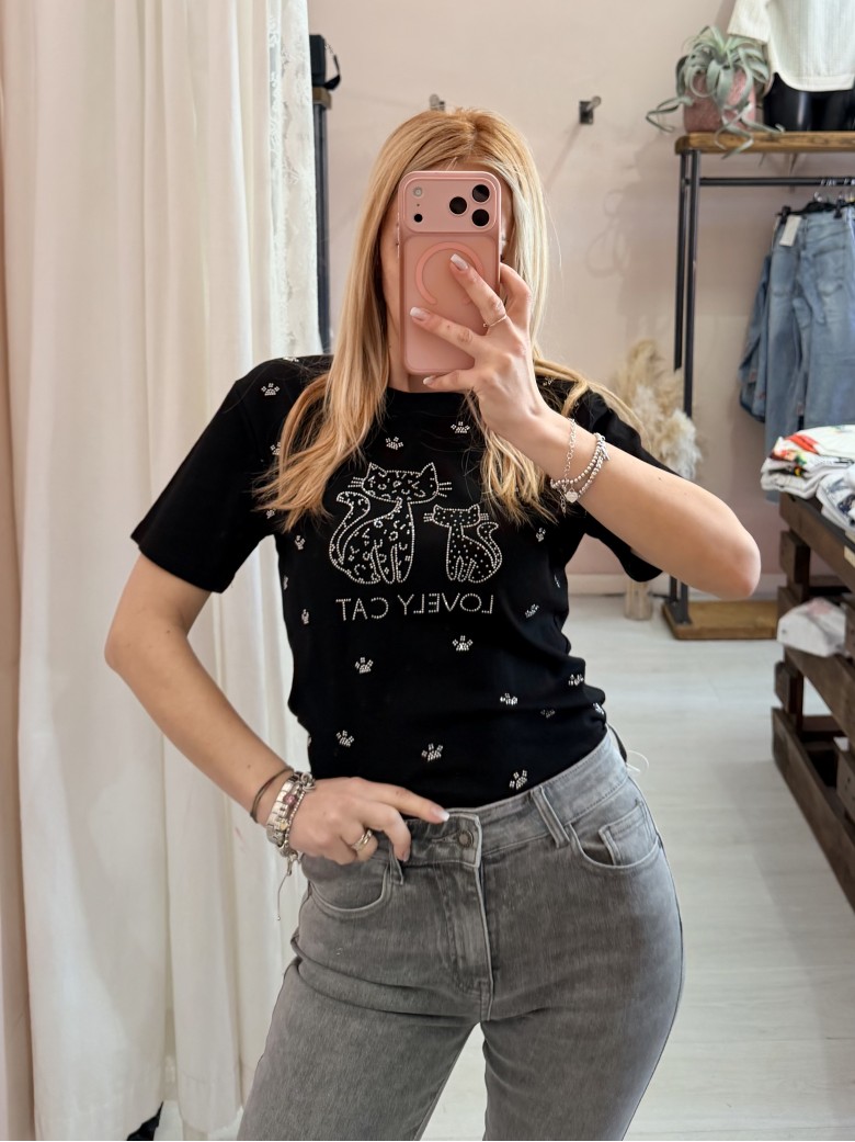 Maglia t shirt lovely cat strass nera