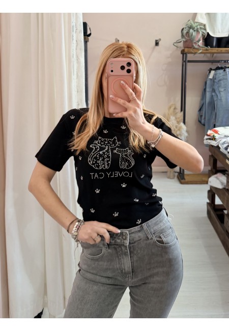 Maglia t shirt lovely cat strass nera