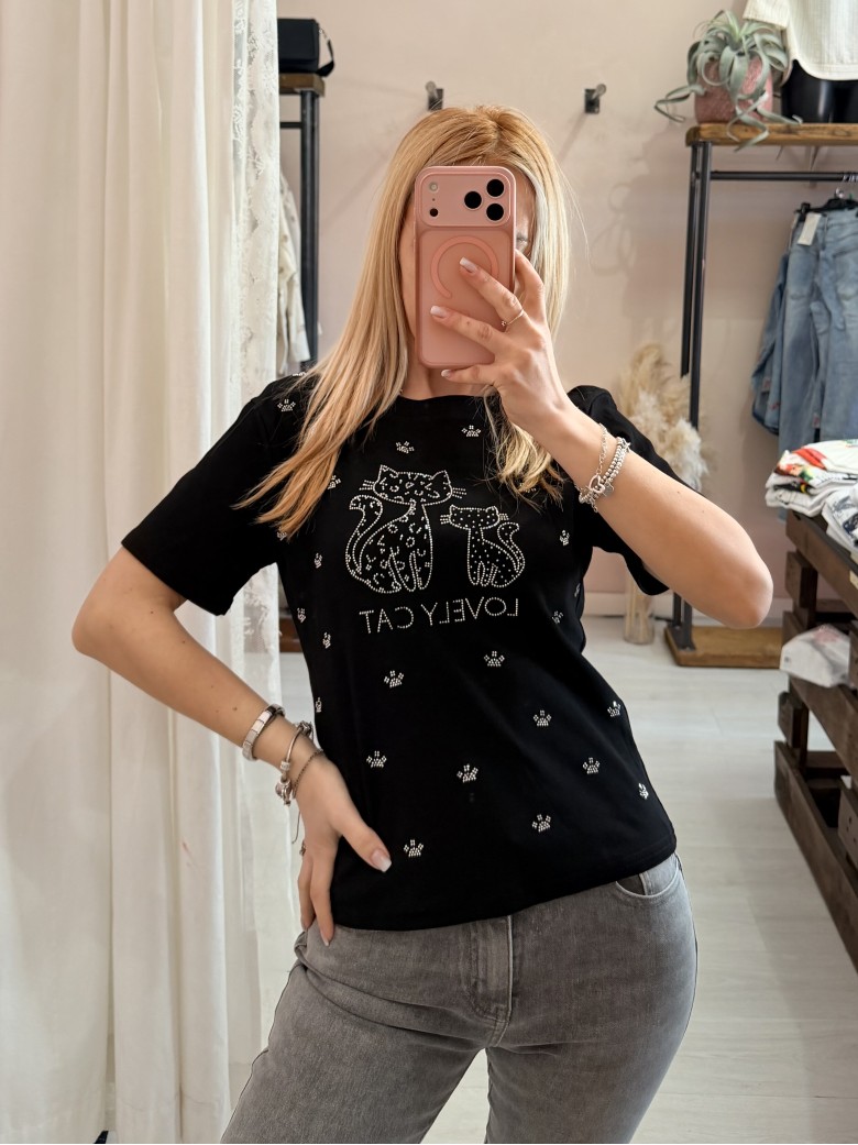 Maglia t shirt lovely cat strass nera