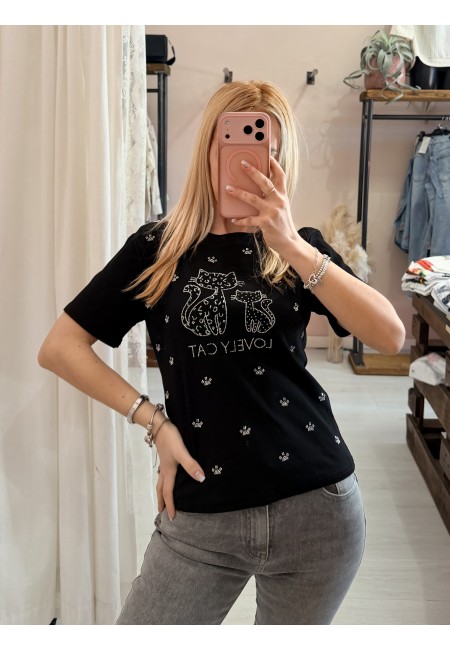 Maglia t shirt lovely cat strass nera