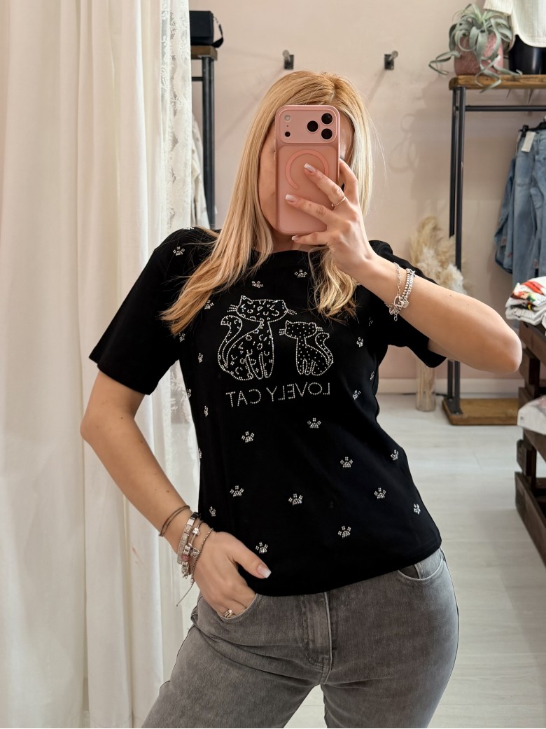 Maglia t shirt lovely cat strass nera