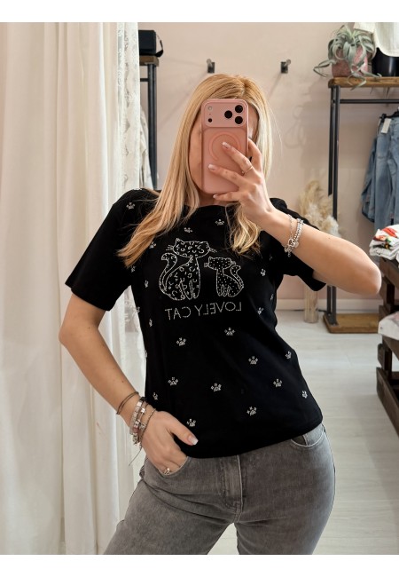 Maglia t shirt lovely cat strass nera