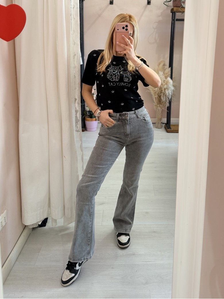 Maglia t shirt lovely cat strass nera