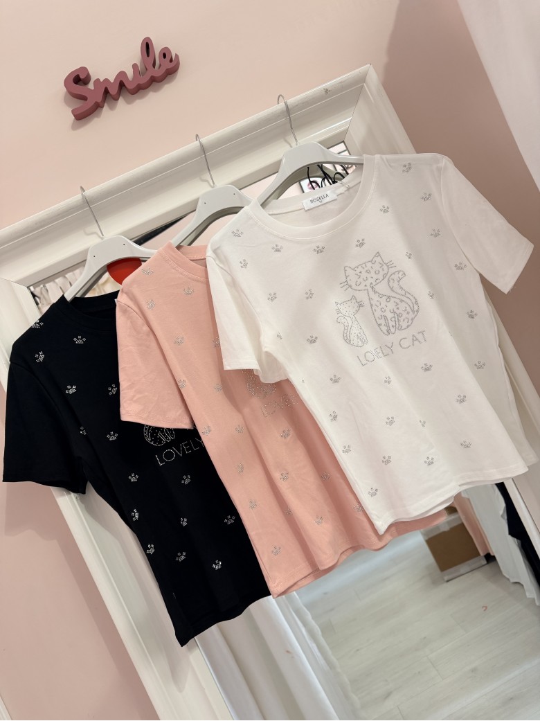 Maglia t shirt lovely cat strass nera