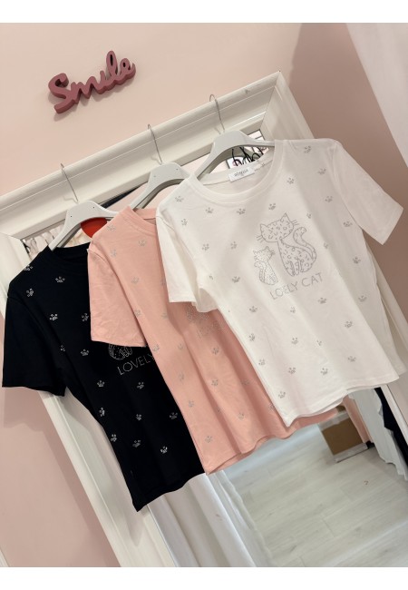 Maglia t shirt lovely cat strass nera