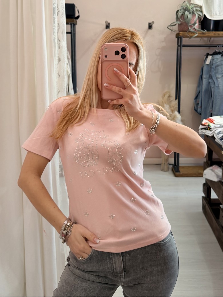 Maglia t shirt lovely cat strass rosa