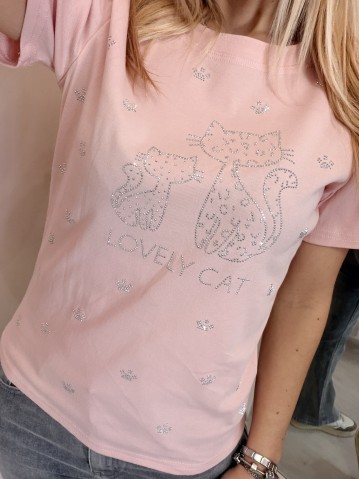 Maglia t shirt lovely cat strass rosa 2