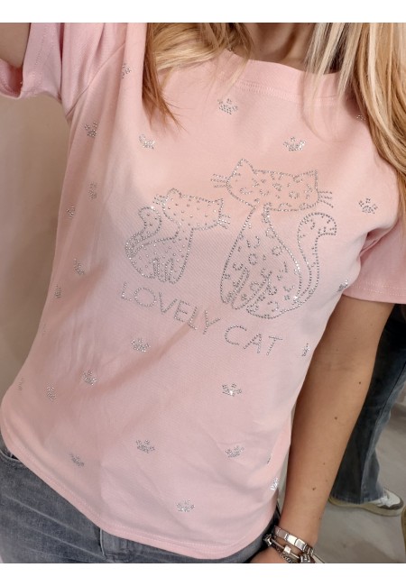 Maglia t shirt lovely cat strass rosa