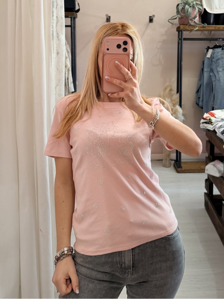 Maglia t shirt lovely cat strass rosa