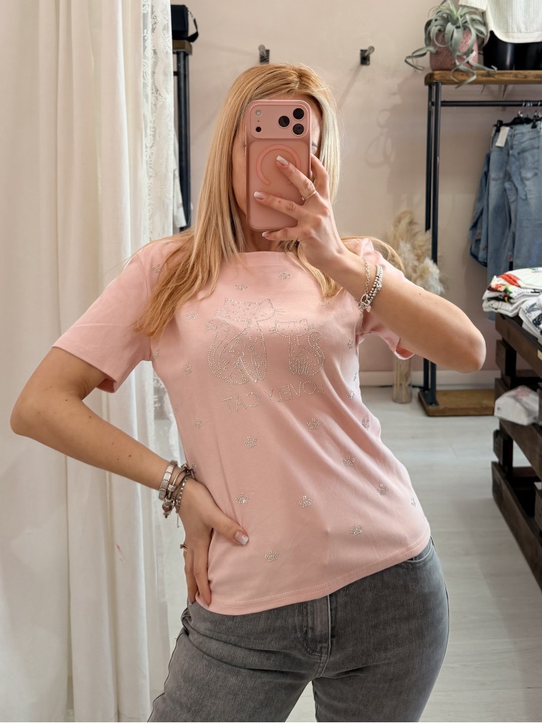 Maglia t shirt lovely cat strass rosa