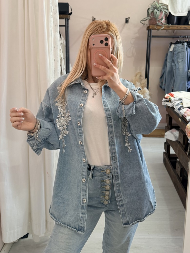Giubbino giacca di jeans ricamo e punti luce