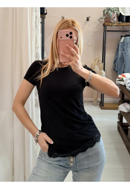 Maglia slim asimmetrica con pizzo nera