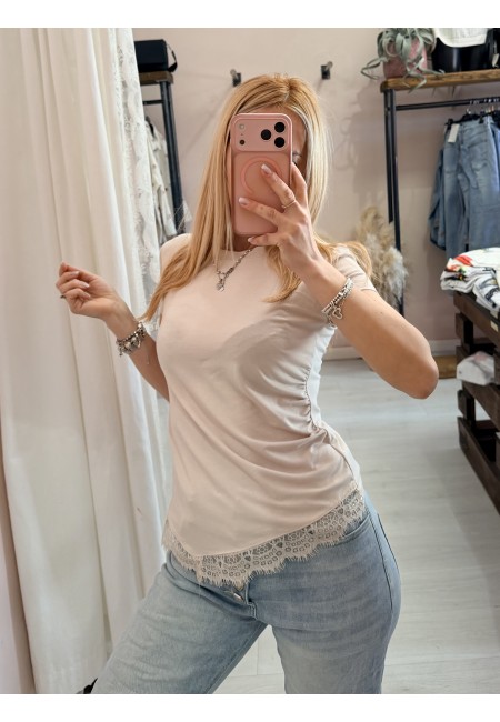 Maglia slim asimmetrica con pizzo beige