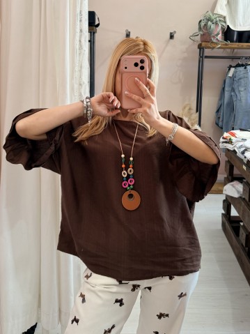 Blusa morbida manica ruches marrone