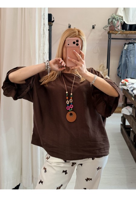 Blusa morbida manica ruches marrone