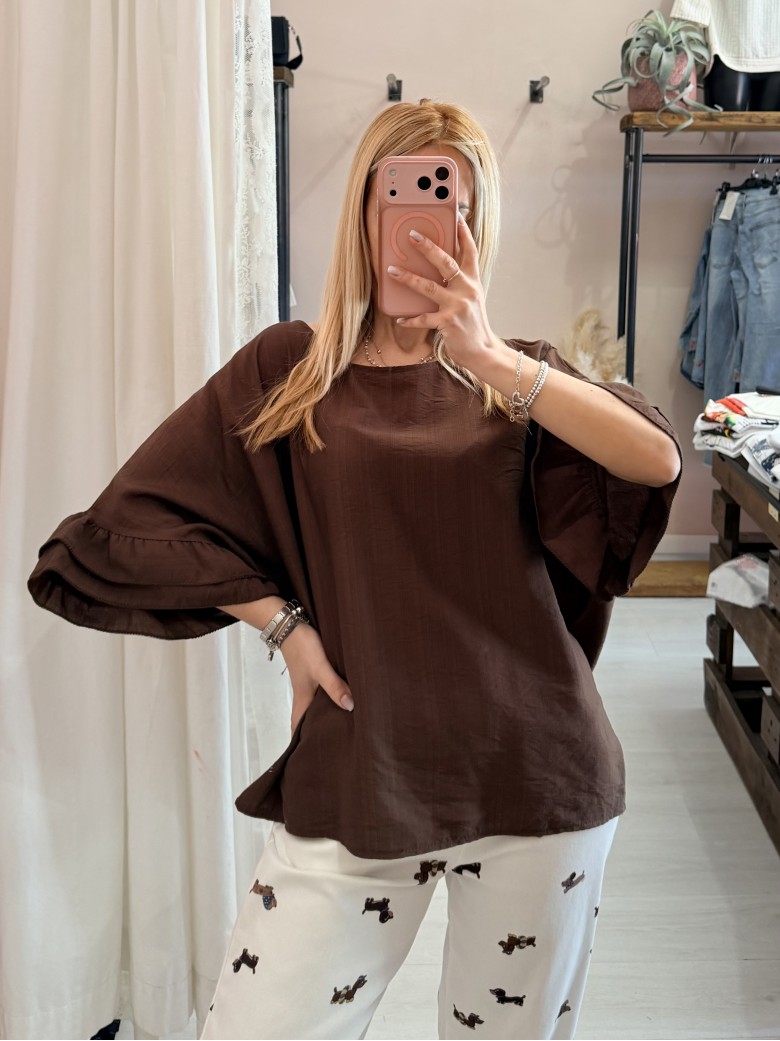 Blusa morbida manica ruches marrone