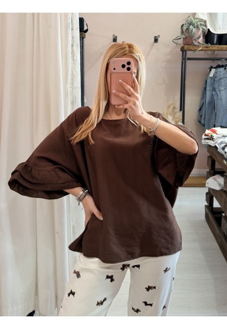 Blusa morbida manica ruches marrone