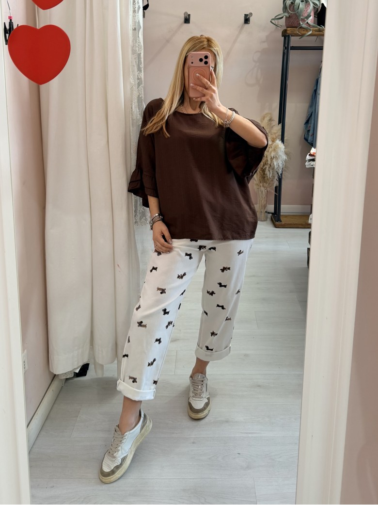 Blusa morbida manica ruches marrone