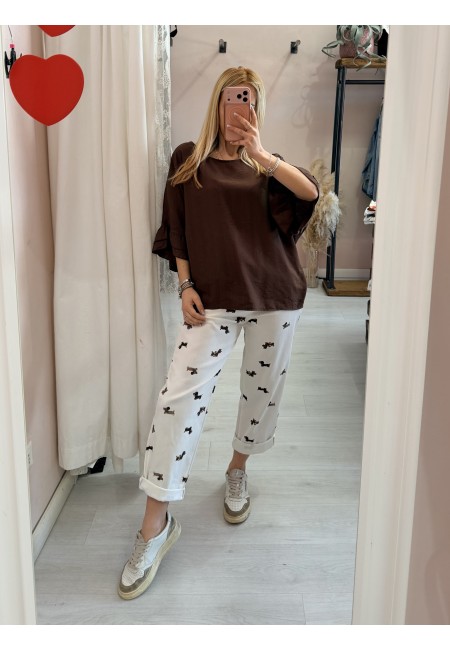 Blusa morbida manica ruches marrone