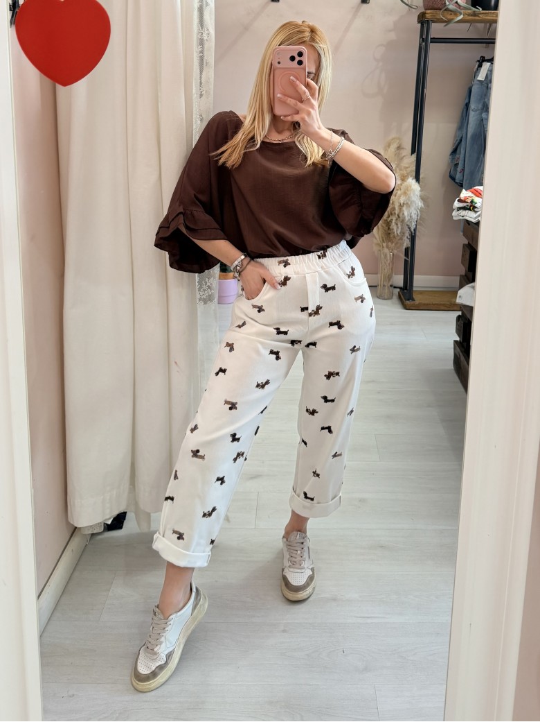 Blusa morbida manica ruches marrone