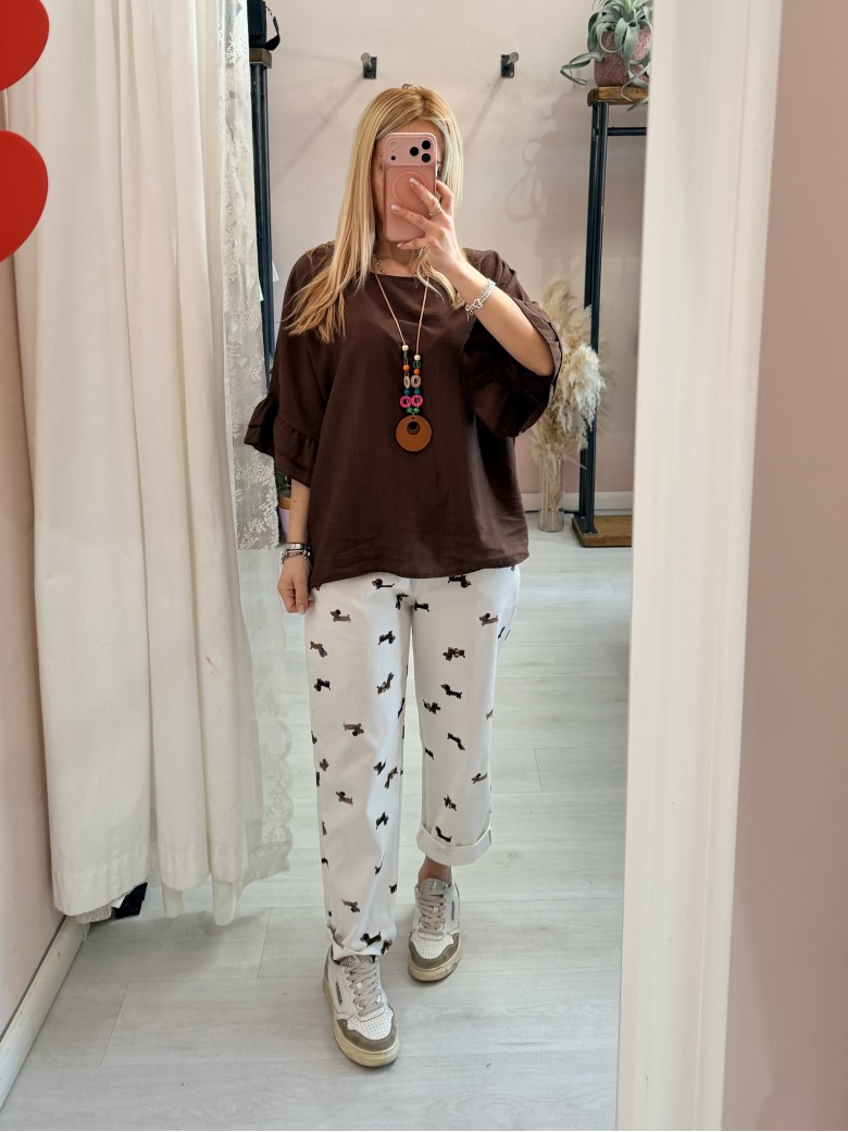 Blusa morbida manica ruches marrone