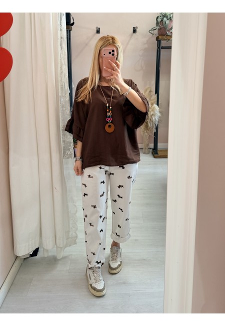 Blusa morbida manica ruches marrone