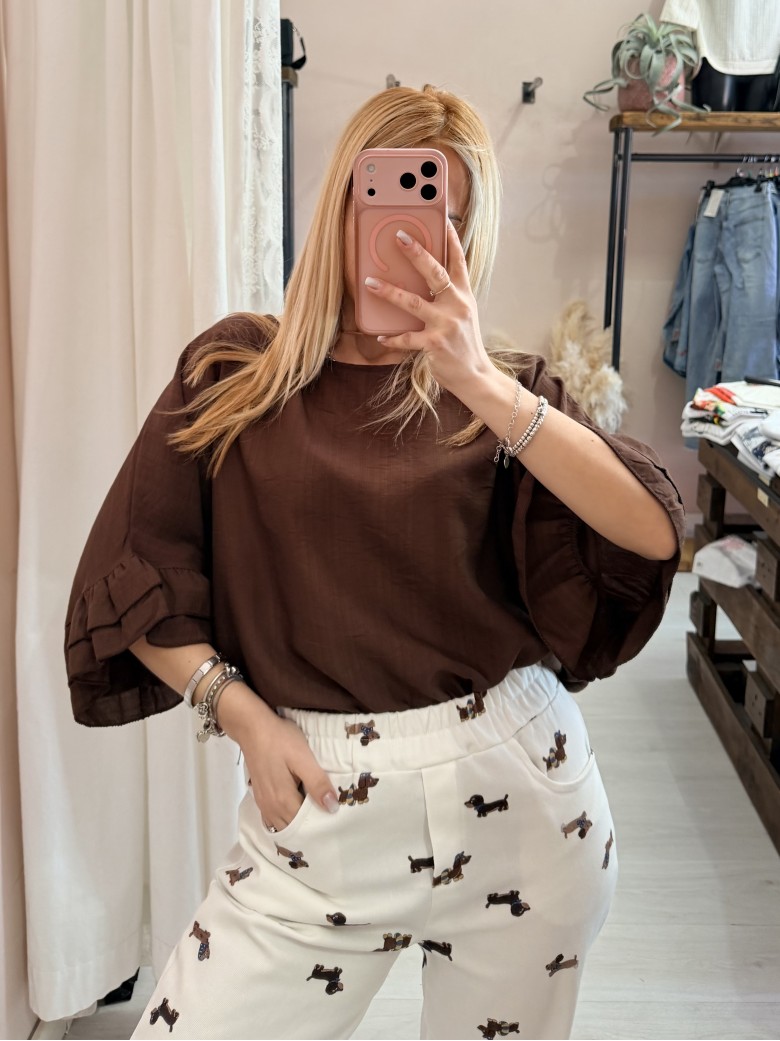 Blusa morbida manica ruches marrone