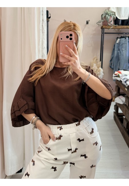 Blusa morbida manica ruches marrone