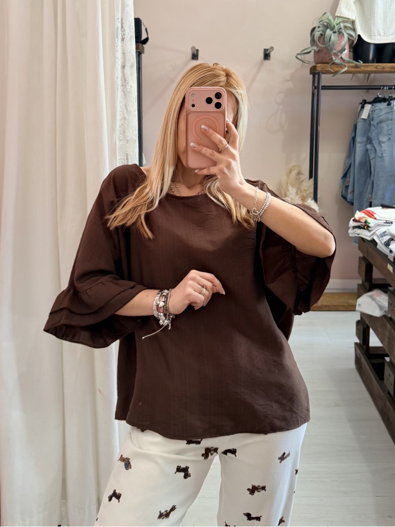Blusa morbida manica ruches marrone