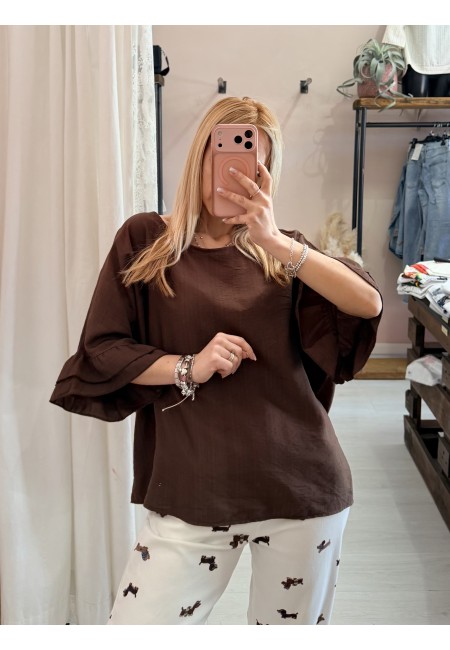 Blusa morbida manica ruches marrone