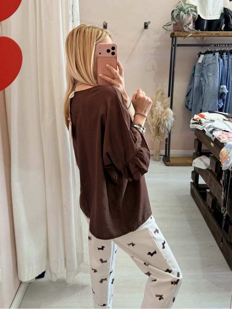 Blusa morbida manica ruches marrone