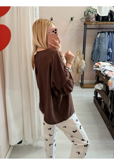 Blusa morbida manica ruches marrone