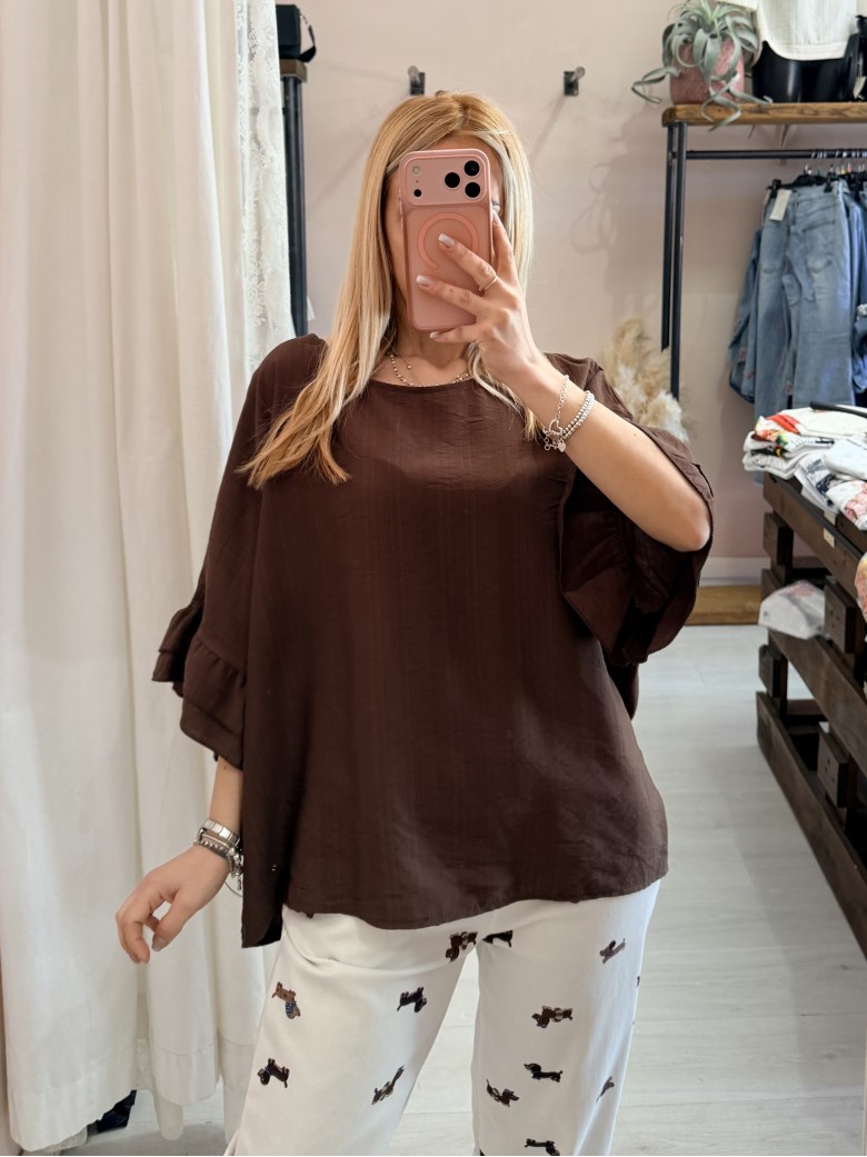 Blusa morbida manica ruches marrone