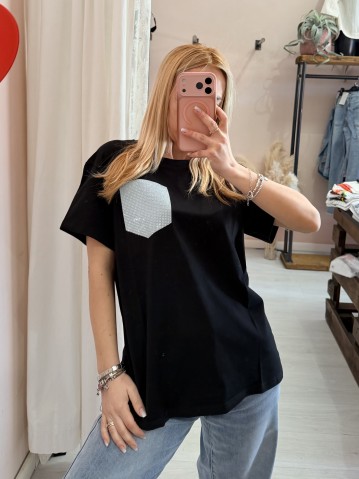 Maglia t shirt nera taschina strass AZZURRA