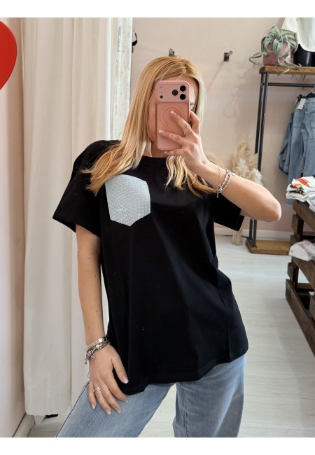 Maglia t shirt nera taschina strass AZZURRA