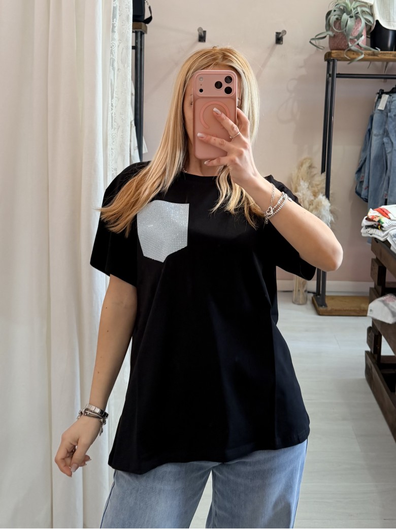 Maglia t shirt nera taschina strass AZZURRA
