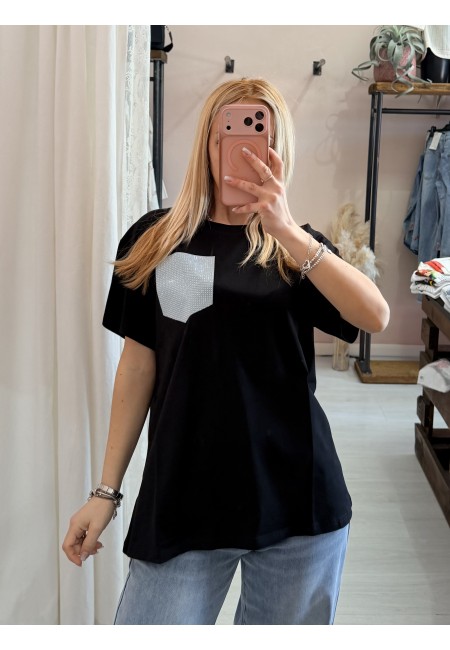 Maglia t shirt nera taschina strass AZZURRA