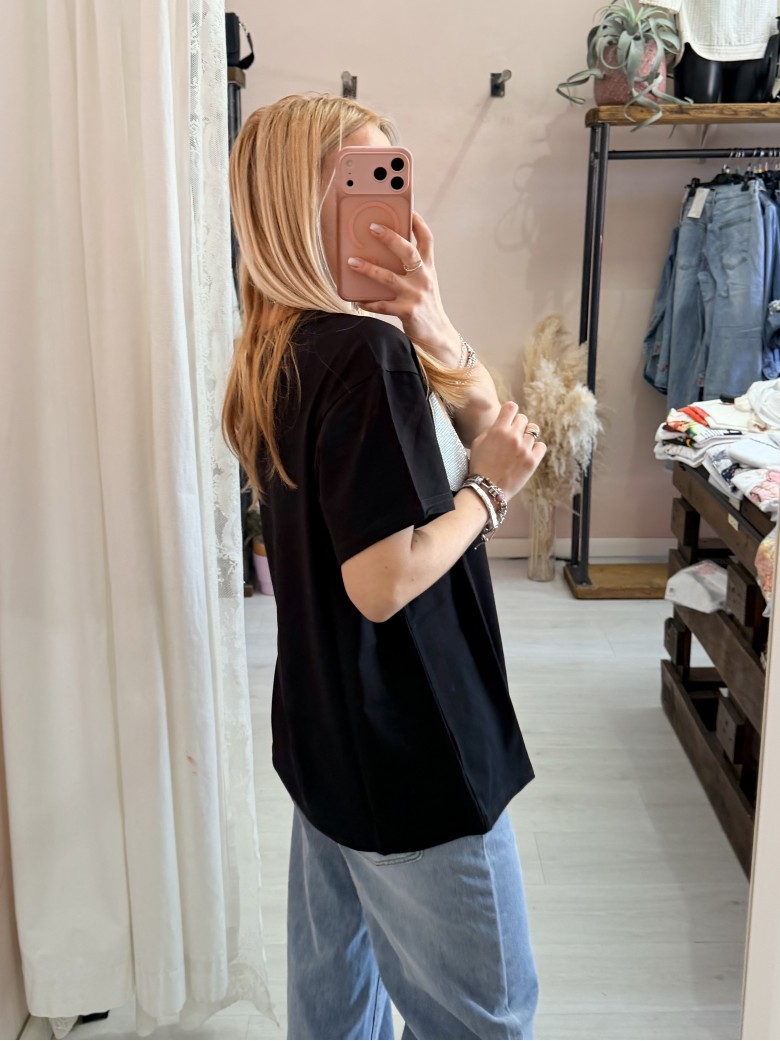 Maglia t shirt nera taschina strass AZZURRA