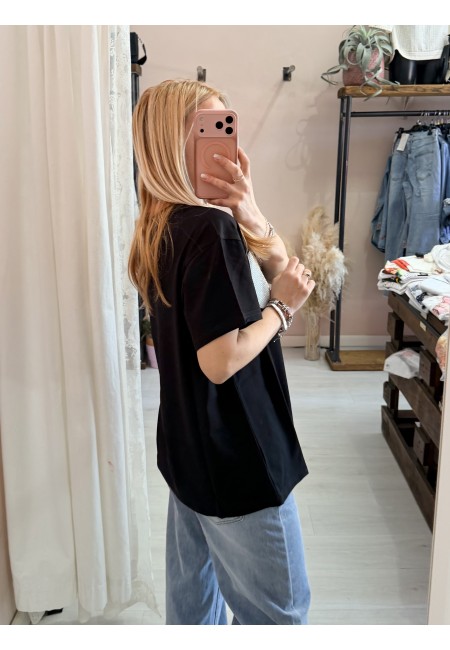 Maglia t shirt nera taschina strass AZZURRA