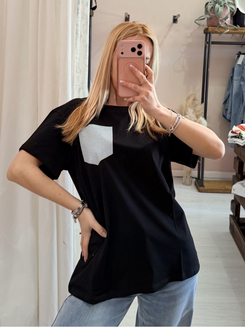 Maglia t shirt nera taschina strass AZZURRA