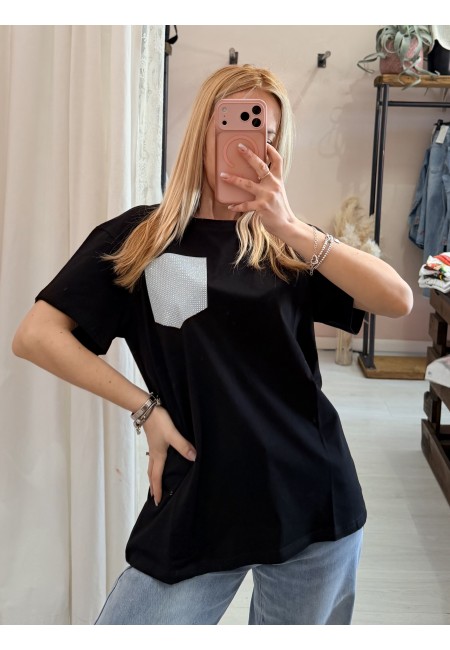 Maglia t shirt nera taschina strass AZZURRA