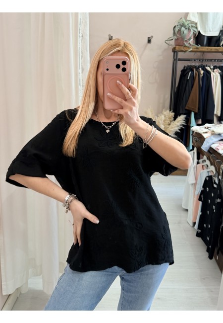 Maglia blusa fiori ricamati nera