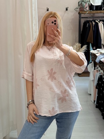 Maglia blusa fiori ricamati rosa