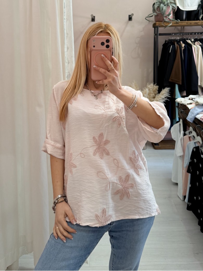 Maglia blusa fiori ricamati rosa