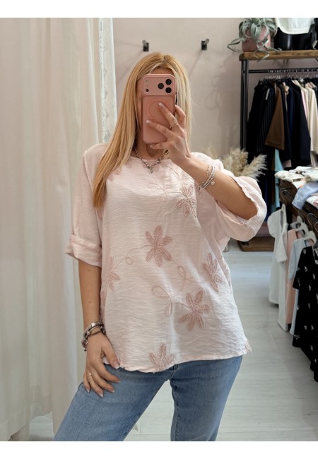 Maglia blusa fiori ricamati rosa