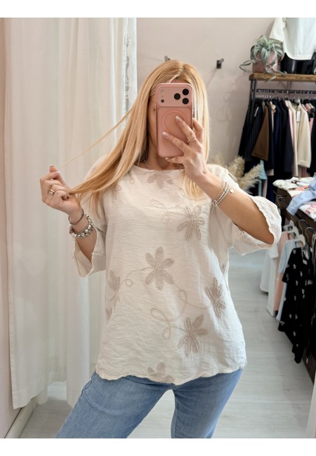 Maglia blusa fiori ricamati beige