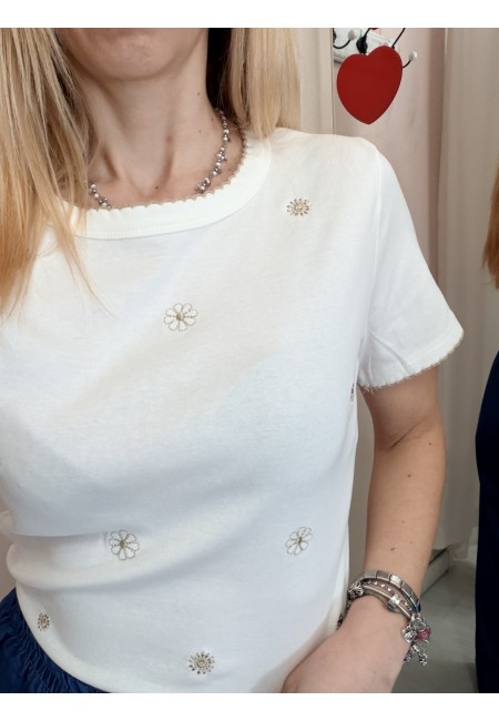 Maglia t shirt bianca fiorellini ricamati beige