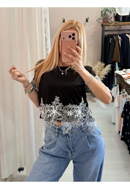 Maglia t shirt corta con pizzo nera